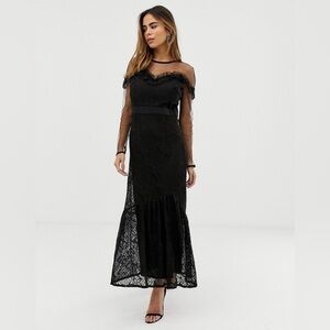 LIQUORISH MAXI DRESS WITH LACE OVERLAY AND RUFFLE DETAIL-BLACK SIZE US 4 EU 36